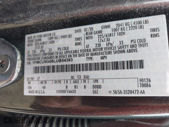 2020 Ford Escape SE z VIN 1FMCU9G68LUB54383, wystawiony jako IAAI lot #42356897 z przebiegiem 69 587 mil mil oraz . Historia ofert i sprzedaży dostępna na DreamBid. Obrazek 9.