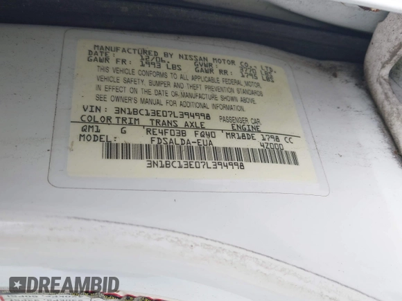 2007 Nissan Versa SL with VIN 3N1BC13E07L394998, listed as a IAAI auction lot 42193381 with 198,737 mi miles and . Bid and sale history available at DreamBid. Image 9.
