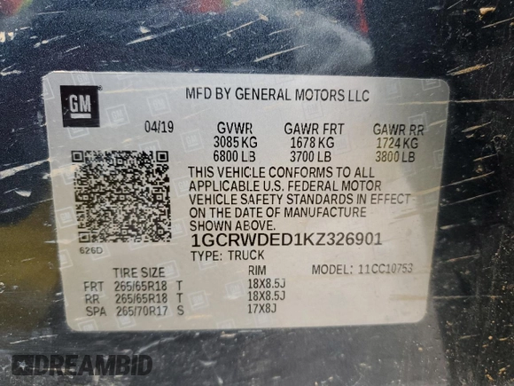 2019 Chevrolet Silverado 1500 RST with VIN 1GCRWDED1KZ326901, listed as a Copart auction lot 45956575 with 160,390 mi miles and Clean Title. Bid and sale history available at carsss.com. Image 14.