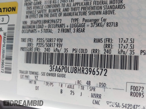 2017 Ford Fusion Hybrid SE z VIN 3FA6P0LU8HR396572, wystawiony jako IAAI lot #41997684 z przebiegiem 272 803 mil mil oraz . Historia ofert i sprzedaży dostępna na DreamBid. Obrazek 9.