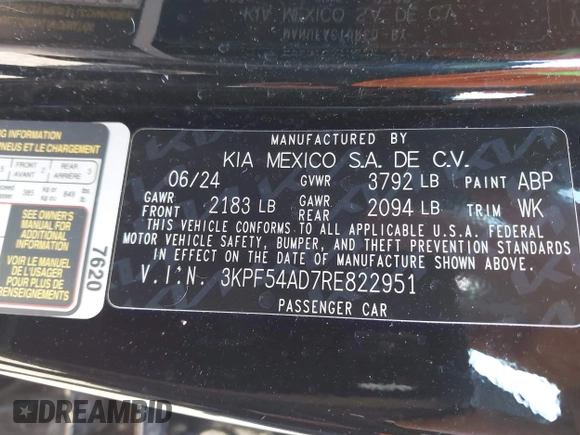 2024 Kia Forte GT-Line with VIN 3KPF54AD7RE822951, listed as a IAAI auction lot 41988055 with 16,180 mi miles and . Bid and sale history available at carsss.com. Image 9.