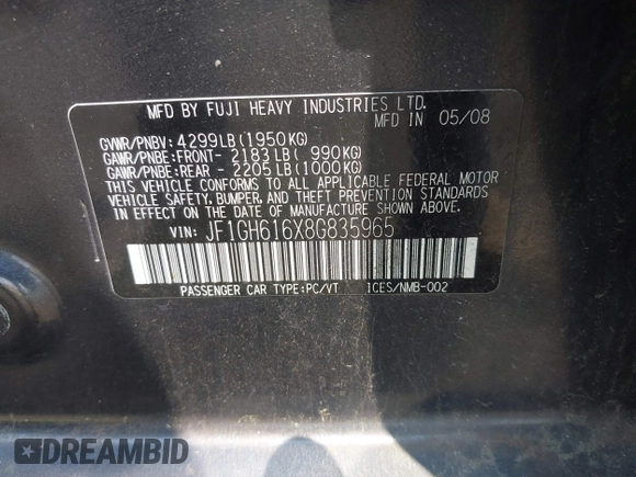 2008 Subaru Impreza i z VIN JF1GH616X8G835965, wystawiony jako IAAI lot #42448877 z przebiegiem 174 931 mil mil oraz . Historia ofert i sprzedaży dostępna na DreamBid. Obrazek 9.