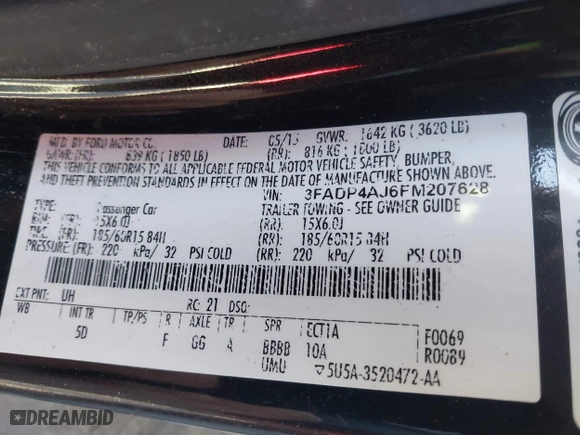 2015 Ford Fiesta S with VIN 3FADP4AJ6FM207628, listed as a IAAI auction lot 41847859 with 221,538 mi miles. Bid and sale history available at carsss.com. Image 9.