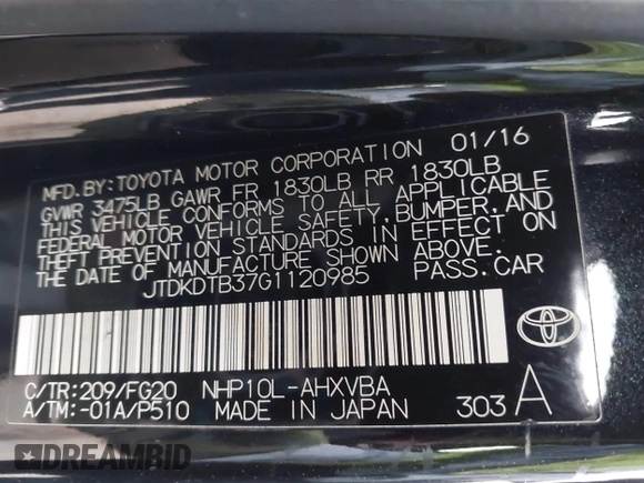 2016 Toyota Prius One z VIN JTDKDTB37G1120985, wystawiony jako IAAI lot #42030170 z przebiegiem 58 288 mil mil oraz . Historia ofert i sprzedaży dostępna na DreamBid. Obrazek 9.