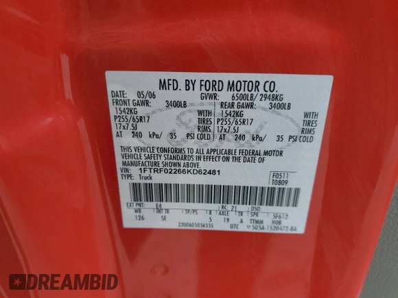 2006 Ford F-150 STX с VIN 1FTRF02266KD62481, выставлен на аукционе Copart как лот 52048815 с пробегом 146 136 миль миль и Списание • Salvage title. История ставок и продаж доступна на DreamBid. Изображение 12.