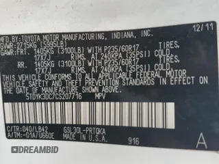 2012 Toyota Sienna XLE AAS с VIN 5TDYK3DC7CS207716, выставлен на аукционе Copart как лот 60592265 с пробегом 287 021 миль миль и Списание • Salvage title. История ставок и продаж доступна на DreamBid. Изображение 14.