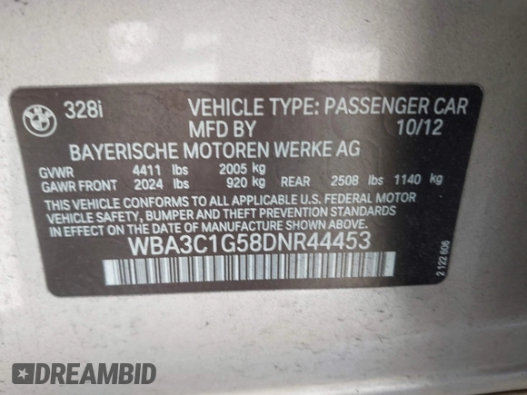 2013 BMW 3 Series 328i with VIN WBA3C1G58DNR44453, listed as a IAAI auction lot 41948831 with 170,153 mi miles. Bid and sale history available at carsss.com. Image 9.
