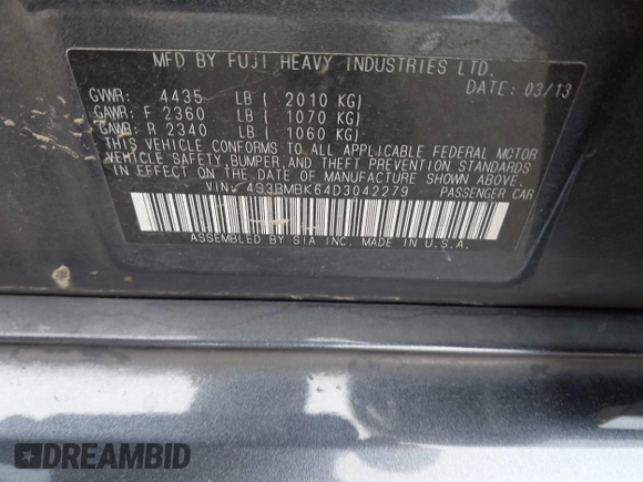 2013 Subaru Legacy Limited with VIN 4S3BMBK64D3042279, listed as a IAAI auction lot 42488497 with 173,427 mi miles and . Bid and sale history available at DreamBid. Image 9.