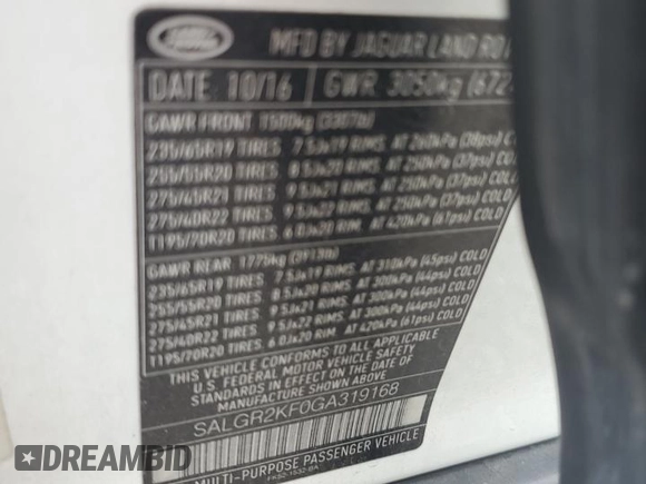 2016 Land Rover Range Rover with VIN SALGR2KF0GA319168, listed as a Copart auction lot 70199414 with 101,033 mi miles and Clean Title. Bid and sale history available at DreamBid. Image 13.