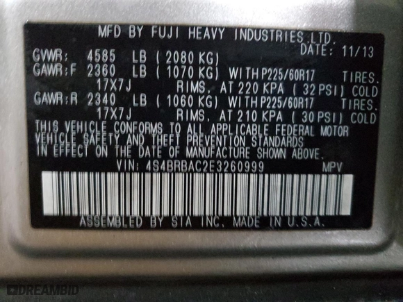 2014 Subaru Outback 2.5i with VIN 4S4BRBAC2E3260999, listed as a Copart auction lot 44455735 with 123,279 mi miles and Salvage Title. Bid and sale history available at carsss.com. Image 14.