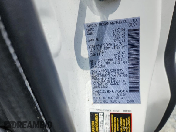 2024 Nissan Frontier S с VIN 1N6ED1CL8RN676666, выставлен на аукционе Copart как лот 59100355 с пробегом 21 362 миль миль и Списание • Salvage title. История ставок и продаж доступна на DreamBid. Изображение 13.