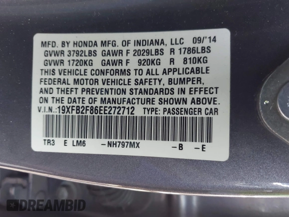 2014 Honda Civic Sedan EX with VIN 19XFB2F86EE272712, listed as a IAAI auction lot 41978115 with 189,123 mi miles. Bid and sale history available at carsss.com. Image 9.