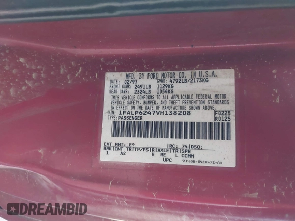 1997 Ford Thunderbird LX with VIN 1FALP6247VH138208, listed as a IAAI auction lot 41562980 with 135,204 mi miles and . Bid and sale history available at DreamBid. Image 9.