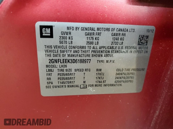 2013 Chevrolet Equinox LT z VIN 2GNFLEEK3D6188977, wystawiony jako Copart lot #53997405 z przebiegiem 164 197 mil mil oraz Szkoda całkowita • Salvage title. Historia ofert i sprzedaży dostępna na DreamBid. Obrazek 13.