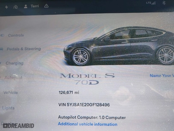 2016 Tesla Model S 90D with VIN 5YJSA1E20GF128496, listed as a IAAI auction lot 41214785 with 126,671 mi miles. Bid and sale history available at carsss.com. Image 7.