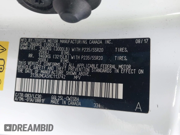 2017 Lexus RX 350 with VIN 2T2BZMCA5HC113742, listed as a IAAI auction lot 42320252 with 36,373 mi miles and . Bid and sale history available at DreamBid. Image 9.