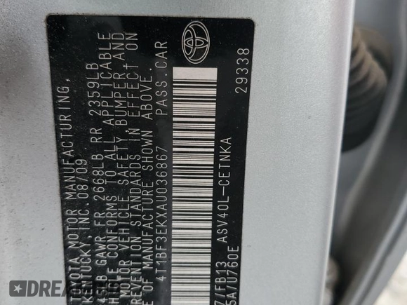 2010 Toyota Camry with VIN 4T1BF3EKXAU036867, listed as a Copart auction lot 53786885 with 109,723 mi miles and Salvage Title. Bid and sale history available at DreamBid. Image 12.
