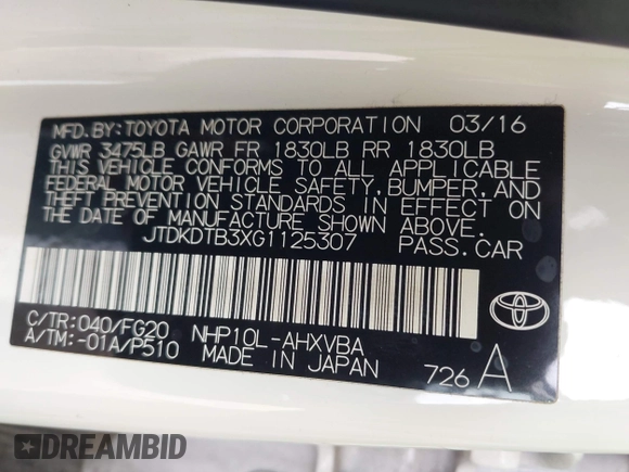 2016 Toyota Prius One with VIN JTDKDTB3XG1125307, listed as a IAAI auction lot 42030180 with 101,004 mi miles and . Bid and sale history available at DreamBid. Image 9.