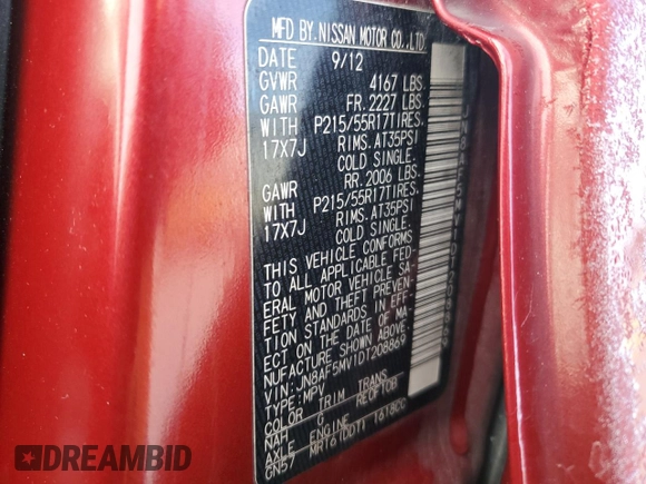 2013 Nissan Juke SL z VIN JN8AF5MV1DT208869, wystawiony jako Copart lot #82788494 z przebiegiem Nie podano mil oraz Szkoda całkowita • Salvage title. Historia ofert i sprzedaży dostępna na DreamBid. Obrazek 14.