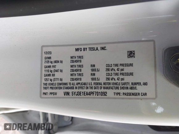2023 Tesla Model 3 с VIN 5YJ3E1EA4PF701092, выставлен на аукционе IAAI как лот 41284364 с пробегом 42 150 миль миль и . История ставок и продаж доступна на DreamBid. Изображение 9.