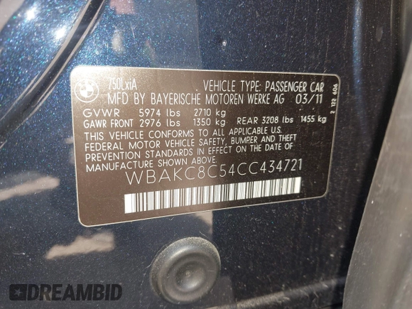 2012 BMW 7 Series 750Li xDrive with VIN WBAKC8C54CC434721, listed as a IAAI auction lot 42115443 with 109,368 mi miles and . Bid and sale history available at DreamBid. Image 9.