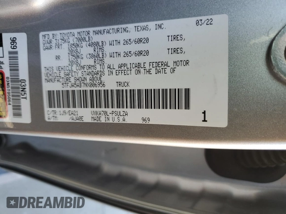 2022 Toyota Tundra Limited with VIN 5TFJA5AB7NX006956, listed as a Copart auction lot 89407285 with 22,140 mi miles and Salvage title. Bid and sale history available at DreamBid. Image 12.