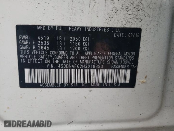 2017 Subaru Legacy Premium with VIN 4S3BNAF62H3018893, listed as a Copart auction lot 58409915 with 157,562 mi miles and Salvage title. Bid and sale history available at DreamBid. Image 13.