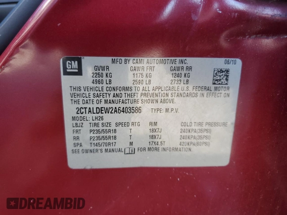 2010 GMC Terrain SLE-2 with VIN 2CTALDEW2A6403586, listed as a Copart auction lot 63490915 with 132,648 mi miles and Salvage title. Bid and sale history available at DreamBid. Image 13.