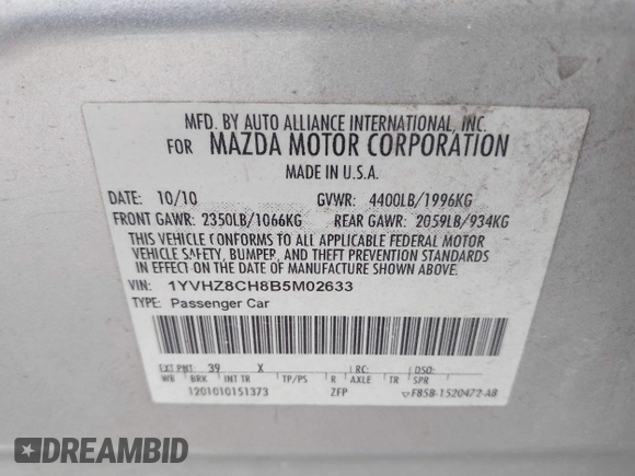 2011 Mazda 6 i Touring with VIN 1YVHZ8CH8B5M02633, listed as a IAAI auction lot 41869925 with 176,156 mi miles and . Bid and sale history available at DreamBid. Image 9.