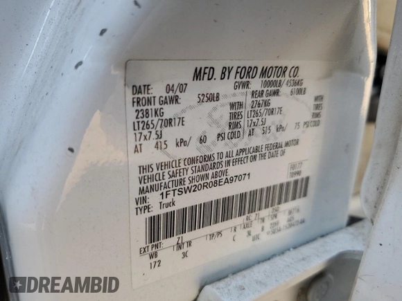 2008 Ford F-250 XL with VIN 1FTSW20R08EA97071, listed as a Copart auction lot 88323855 with 276,651 mi miles and Clean title. Bid and sale history available at DreamBid. Image 12.