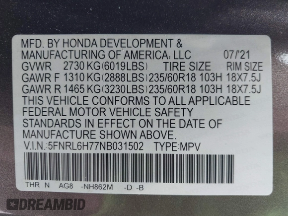 2022 Honda Odyssey EX-L with VIN 5FNRL6H77NB031502, listed as a IAAI auction lot 41706098 with 57,074 mi miles and . Bid and sale history available at DreamBid. Image 9.