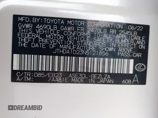 2022 Lexus IS 300 z VIN JTHDA1D23N5121856, wystawiony jako IAAI lot #41146026 z przebiegiem 58 937 mil mil oraz . Historia ofert i sprzedaży dostępna na DreamBid. Obrazek 9.