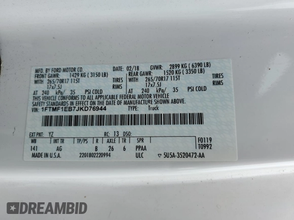 2018 Ford F-150 XL with VIN 1FTMF1EB7JKD76944, listed as a Copart auction lot 59559195 with 133,460 mi miles and Salvage title. Bid and sale history available at DreamBid. Image 12.