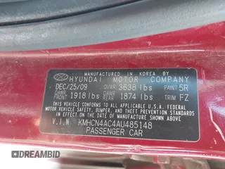 2010 Hyundai Accent GLS with VIN KMHCN4AC4AU485148, listed as a IAAI auction lot 41528392 with 133,680 mi miles. Bid and sale history available at carsss.com. Image 9.