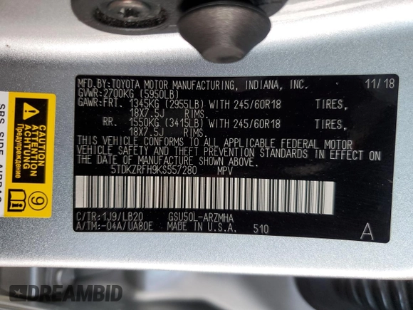 2019 Toyota Highlander SE with VIN 5TDKZRFH9KS557280, listed as a Copart auction lot 55094585 with 84,050 mi miles and Salvage title. Bid and sale history available at DreamBid. Image 12.