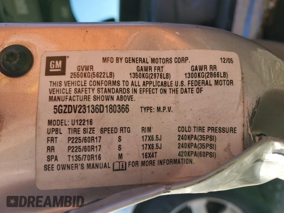 2006 Saturn Relay 3 z VIN 5GZDV23136D180366, wystawiony jako Copart lot #84109144 z przebiegiem 198 201 mil mil oraz Szkoda całkowita • Salvage title. Historia ofert i sprzedaży dostępna na DreamBid. Obrazek 14.