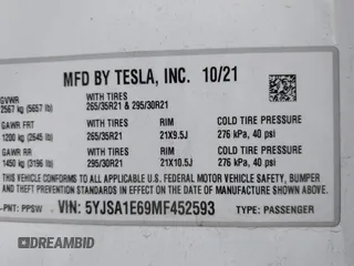2021 Tesla Model S Plaid with VIN 5YJSA1E69MF452593, listed as a IAAI auction lot 41639406 with 1 mi miles. Bid and sale history available at carsss.com. Image 9.