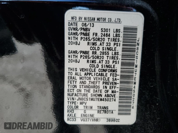 2014 Infiniti QX70 with VIN JN8CS1MU7EM450274, listed as a Copart auction lot 42516735 with 173,483 mi miles and Salvage Title. Bid and sale history available at DreamBid. Image 13.