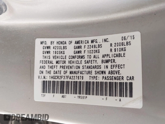 2015 Honda Accord Sedan LX with VIN 1HGCR2F37FA227979, listed as a IAAI auction lot 41649134 with 175,075 mi miles. Bid and sale history available at carsss.com. Image 9.