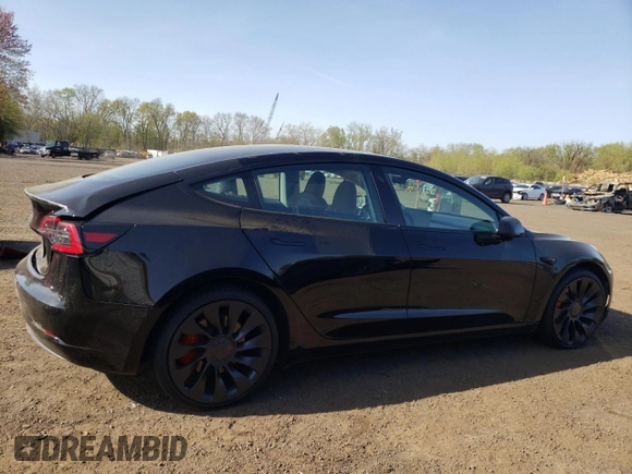 2023 Tesla Model 3 Performance with VIN 5YJ3E1EC1PF577798, listed as a Copart auction lot 55032025 with 20,098 mi miles and Salvage Title. Bid and sale history available at carsss.com. Image 3.