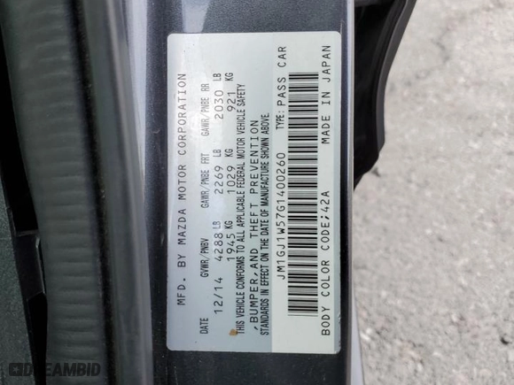 2016 Mazda Mazda6 i Grand Touring with VIN JM1GJ1W57G1400260, listed as a Copart auction lot 42206605 with 0 mi miles and Salvage Title. Bid and sale history available at carsss.com. Image 13.