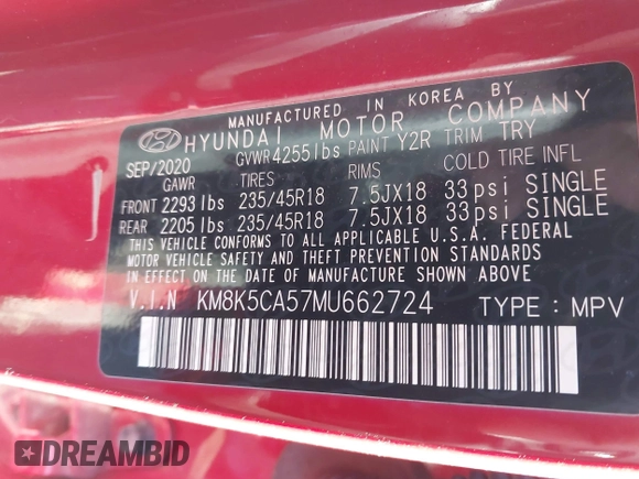 2021 Hyundai Kona Ultimate with VIN KM8K5CA57MU662724, listed as a IAAI auction lot 41919686 with 61,426 mi miles and . Bid and sale history available at carsss.com. Image 9.