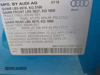 2019 Audi e-tron Prestige with VIN WA1VAAGE7KB005479, listed as a IAAI auction lot 42368177 with 30,736 mi miles and . Bid and sale history available at DreamBid. Image 9.