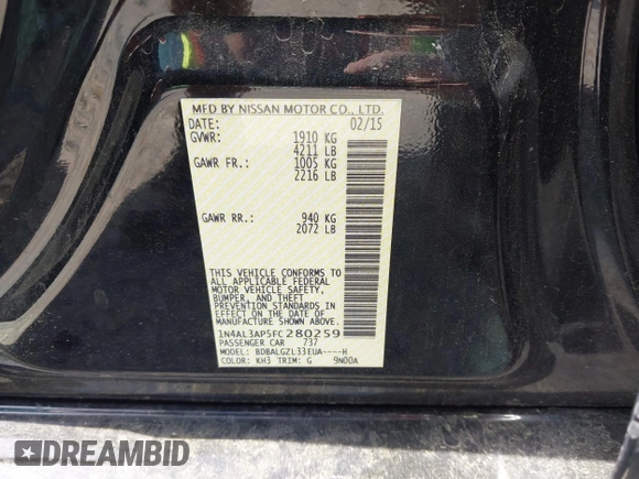 2015 Nissan Altima SL with VIN 1N4AL3AP5FC280259, listed as a IAAI auction lot 42111665 with 119,246 mi miles and . Bid and sale history available at DreamBid. Image 9.