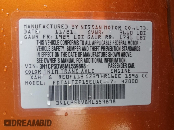 2021 Nissan Kicks SR with VIN 3N1CP5DV8ML559898, listed as a Copart auction lot 48545595 with 31,822 mi miles and Salvage Title. Bid and sale history available at DreamBid. Image 14.
