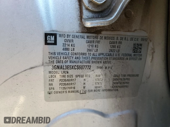 2012 Chevrolet Captiva Sport LT with VIN 3GNAL3E5XCS607772, listed as a Copart auction lot 82178824 with 86,038 mi miles and Salvage Title. Bid and sale history available at DreamBid. Image 16.