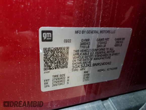 2022 GMC Yukon XL Denali with VIN 1GKS2JKL9NR240042, listed as a Copart auction lot 86247994 with 27,538 mi miles and Salvage Title. Bid and sale history available at carsss.com. Image 13.