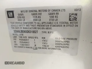 2013 Chevrolet Equinox LS with VIN 2GNALBEK6D6310627, listed as a IAAI auction lot 42118924 with 188,772 mi miles. Bid and sale history available at carsss.com. Image 9.