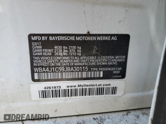 2018 BMW 4 Series 430i with VIN WBA4J1C59JBA30115, listed as a Copart auction lot 41644655 with Not Provided miles and Salvage Title. Bid and sale history available at DreamBid. Image 12.