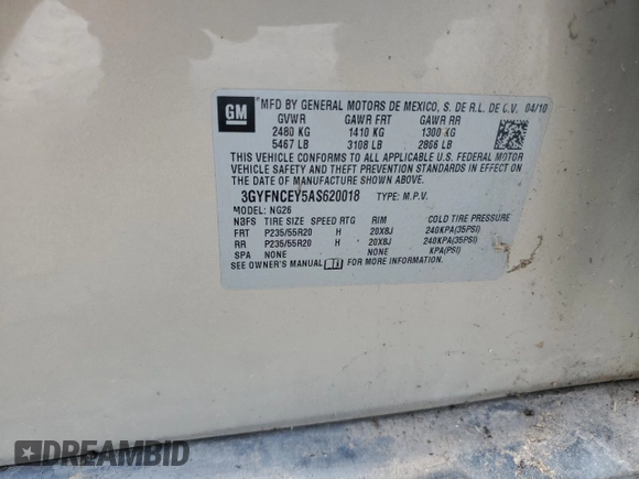 2010 Cadillac SRX Premium Collection with VIN 3GYFNCEY5AS620018, listed as a Copart auction lot 52893755 with Not provided miles and Salvage title. Bid and sale history available at DreamBid. Image 13.
